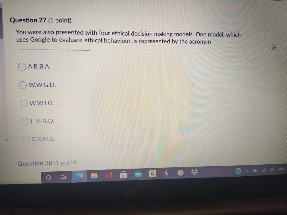 Question 21 (1 point) We discussed several