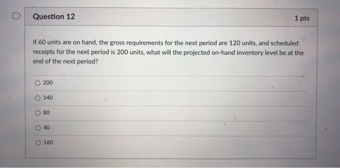 Question 12 1 pts If 60 units are on hand, the