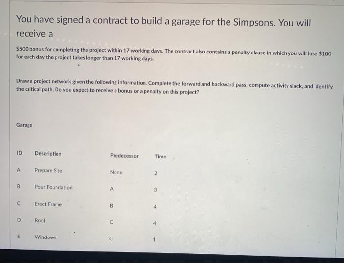 You have signed a contract to build a garage for