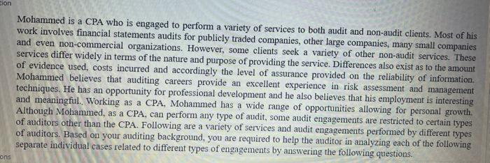 sion Mohammed is a CPA who is engaged to perform