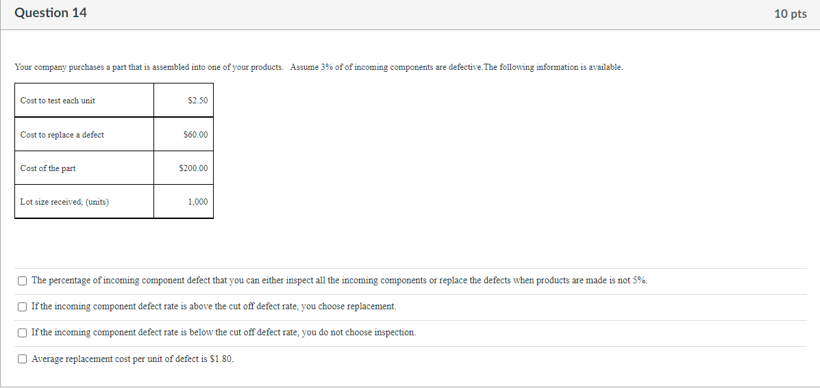 Question 14 10 pts Your company purchases a part