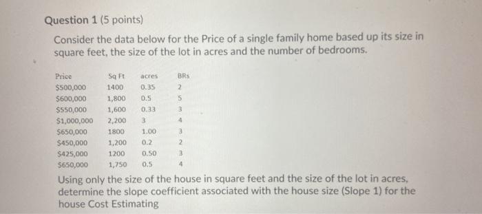 Question 1 (5 points) Consider the data below for