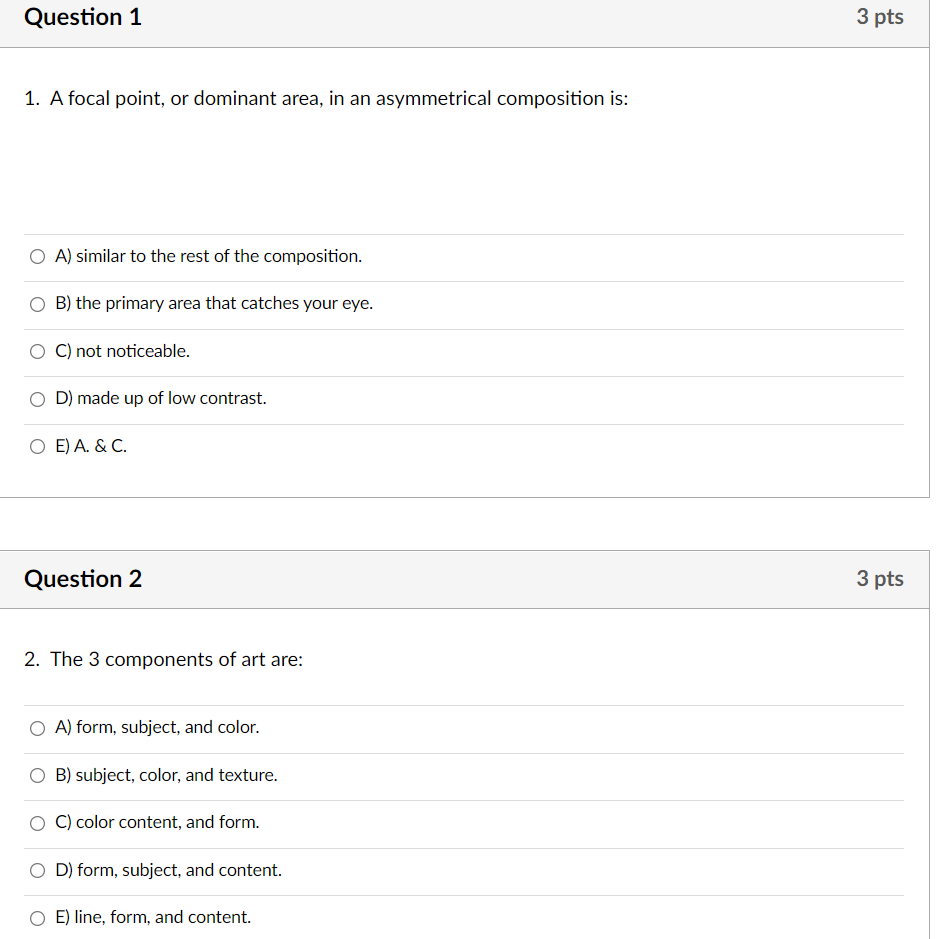 Subject :ARTH Question 1 3 pts 1. A focal point,