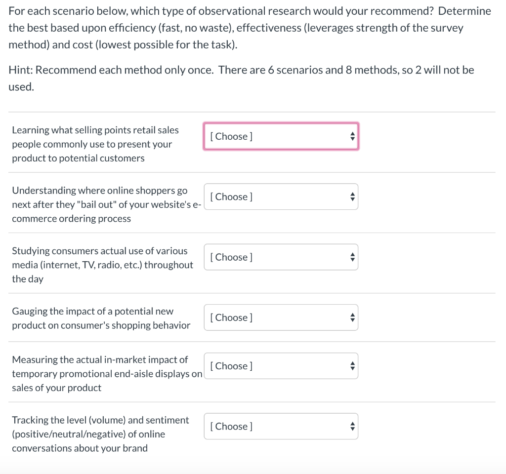 Please help me match For each scenario below,