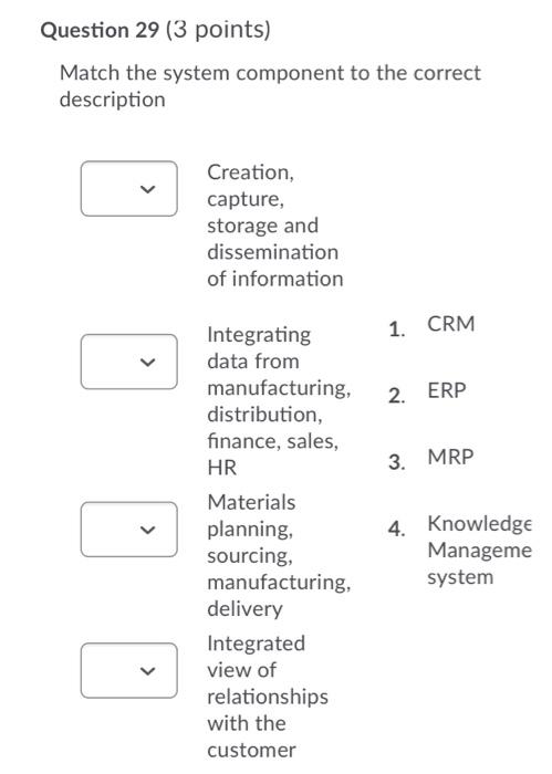 Question 29 (3 points) Match the system component