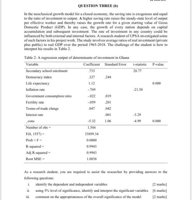 QUESTION THREE (b) In the neoclassical growth