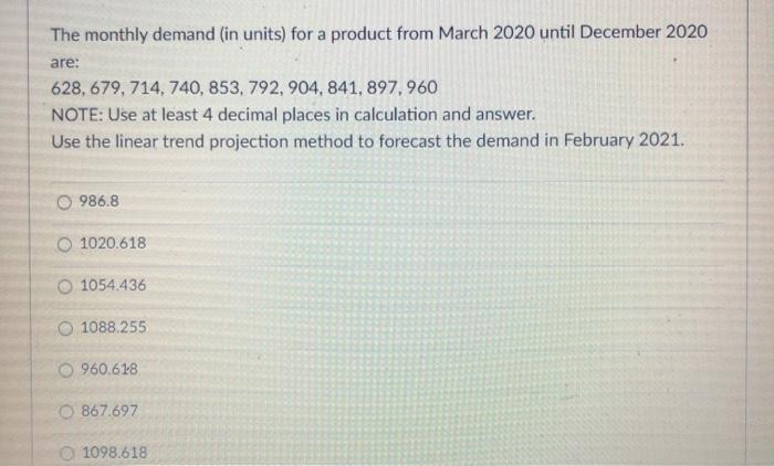 The monthly demand (in units) for a product from
