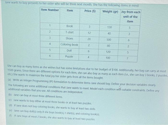 Jane wants to buy presents to her sister who will