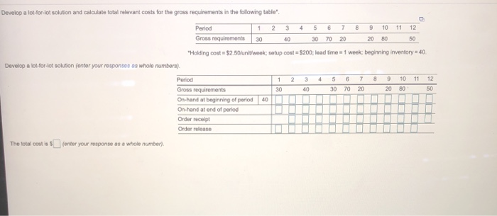 Develop a lot-for-lot solution and calculate
