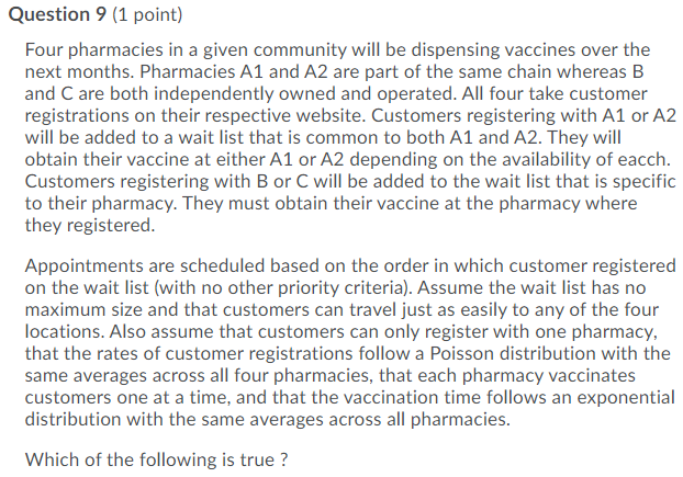 Question 9 (1 point) Four pharmacies in a given