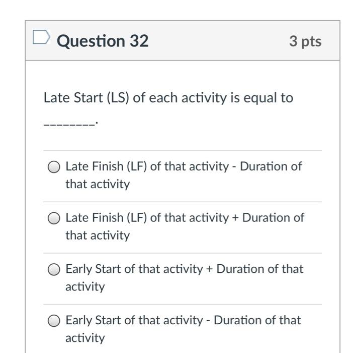 Question 32 3 pts Late Start (LS) of each