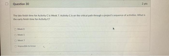 Question 30 2 pts The late finish time for