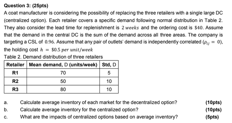 Question 3: (25pts) A coat manufacturer is