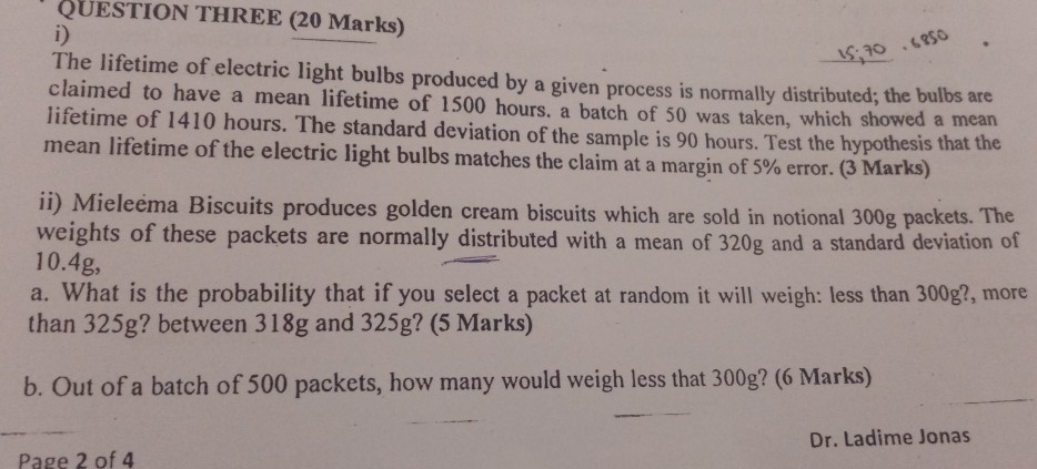 15;70.6850 QUESTION THREE (20 Marks) i) The
