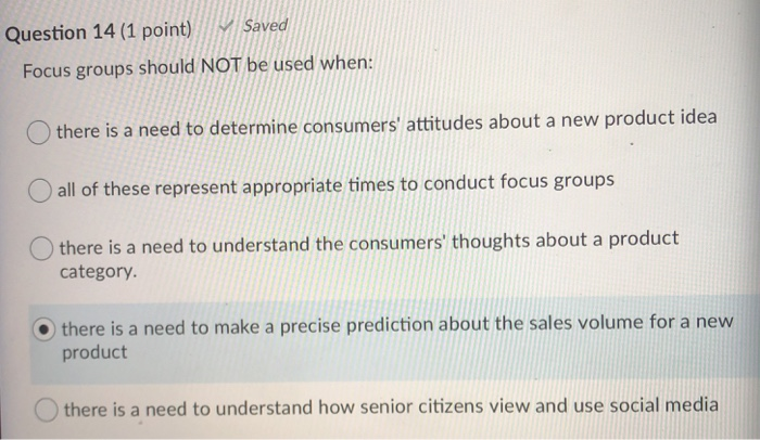 Question 14 (1 point) Saved Focus groups should