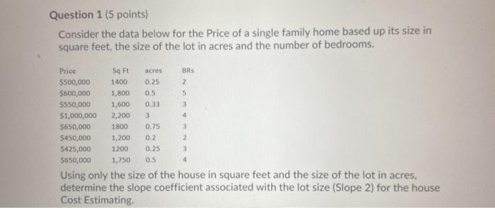Question 1 (5 points) Consider the data below for