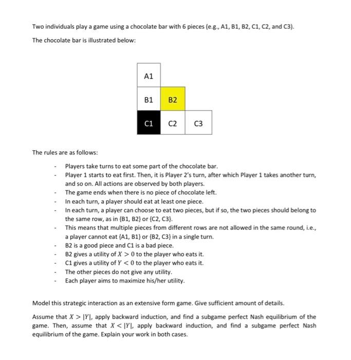 Two individuals play a game using a chocolate bar