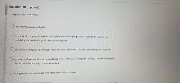 Question 10 (5 points) A typical matrix
