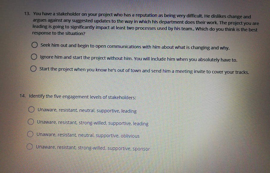 13. You have a stakeholder on your project who