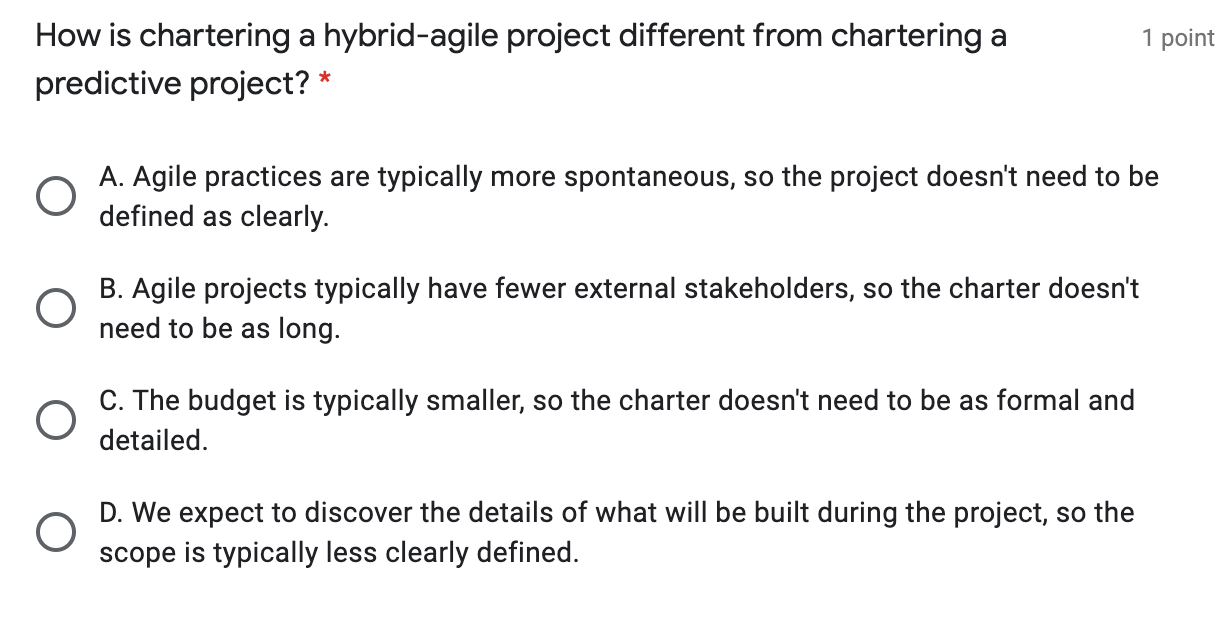 1 point You are managing an agile project with a