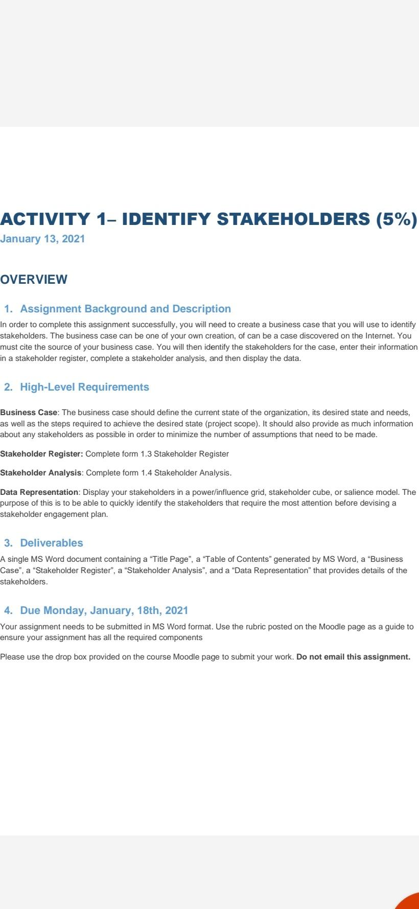ACTIVITY 1- IDENTIFY STAKEHOLDERS (5%) January