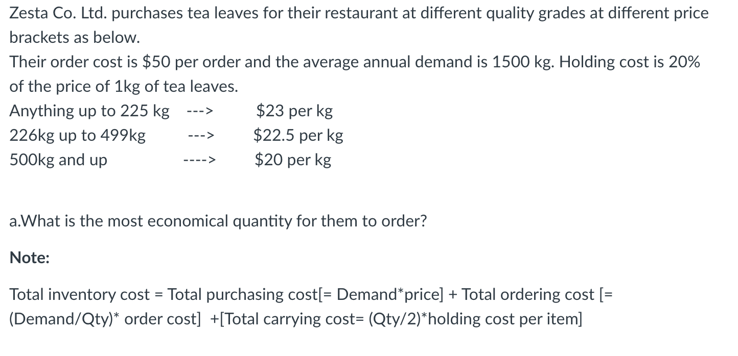 Zesta Co. Ltd. purchases tea leaves for their