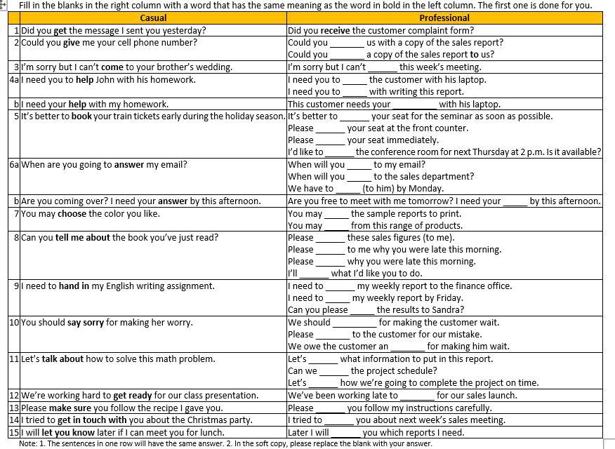 Fill in the blanks in the right column with a