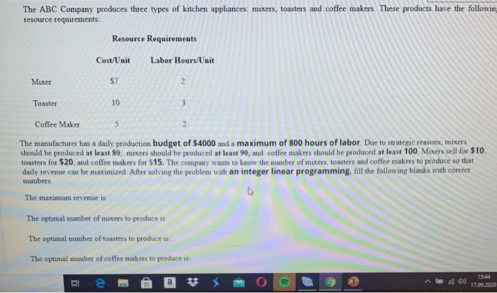 The ABC Company produces three types of kitchen