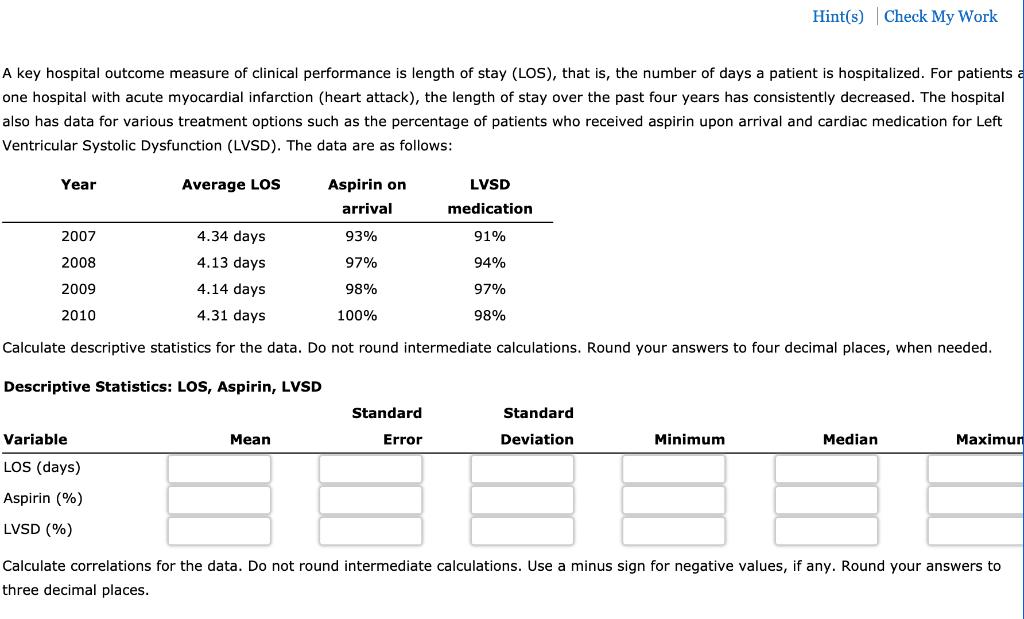 Hint(s) Check My Work A key hospital outcome
