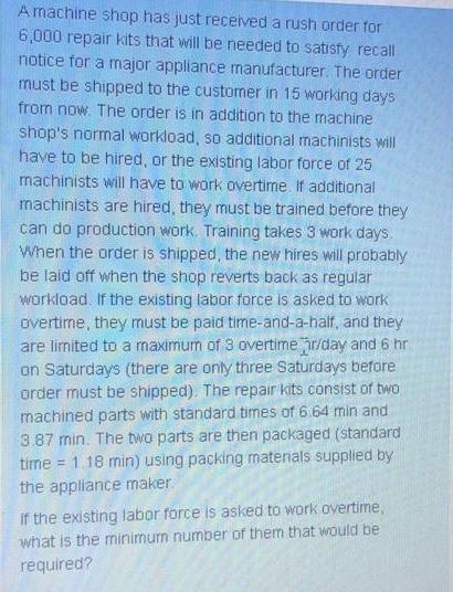 Amachine shop has just received a rush order for