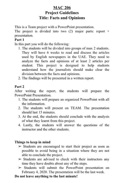 MAC 206 Project Guidelines Title: Facts and