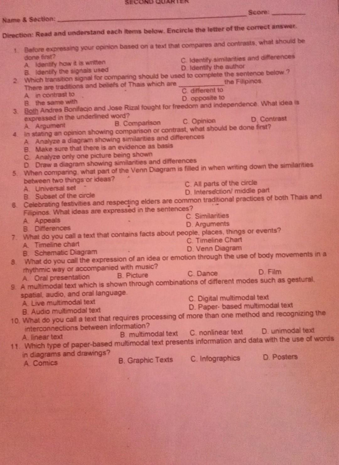 Score: Name & Section: Direction: Read and