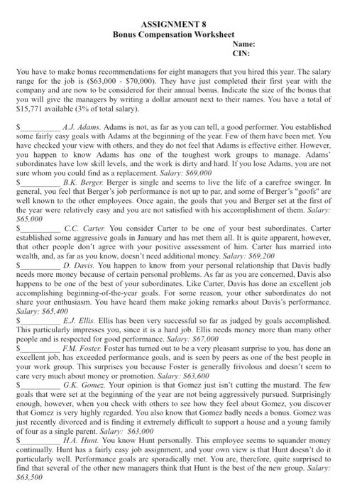 S S S ASSIGNMENTS Bonus Compensation Worksheet