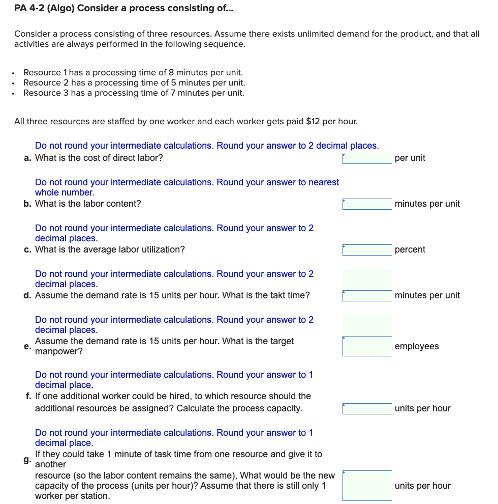 Answer only E-G! Thanks! PA 4-2 (Algo) Consider a