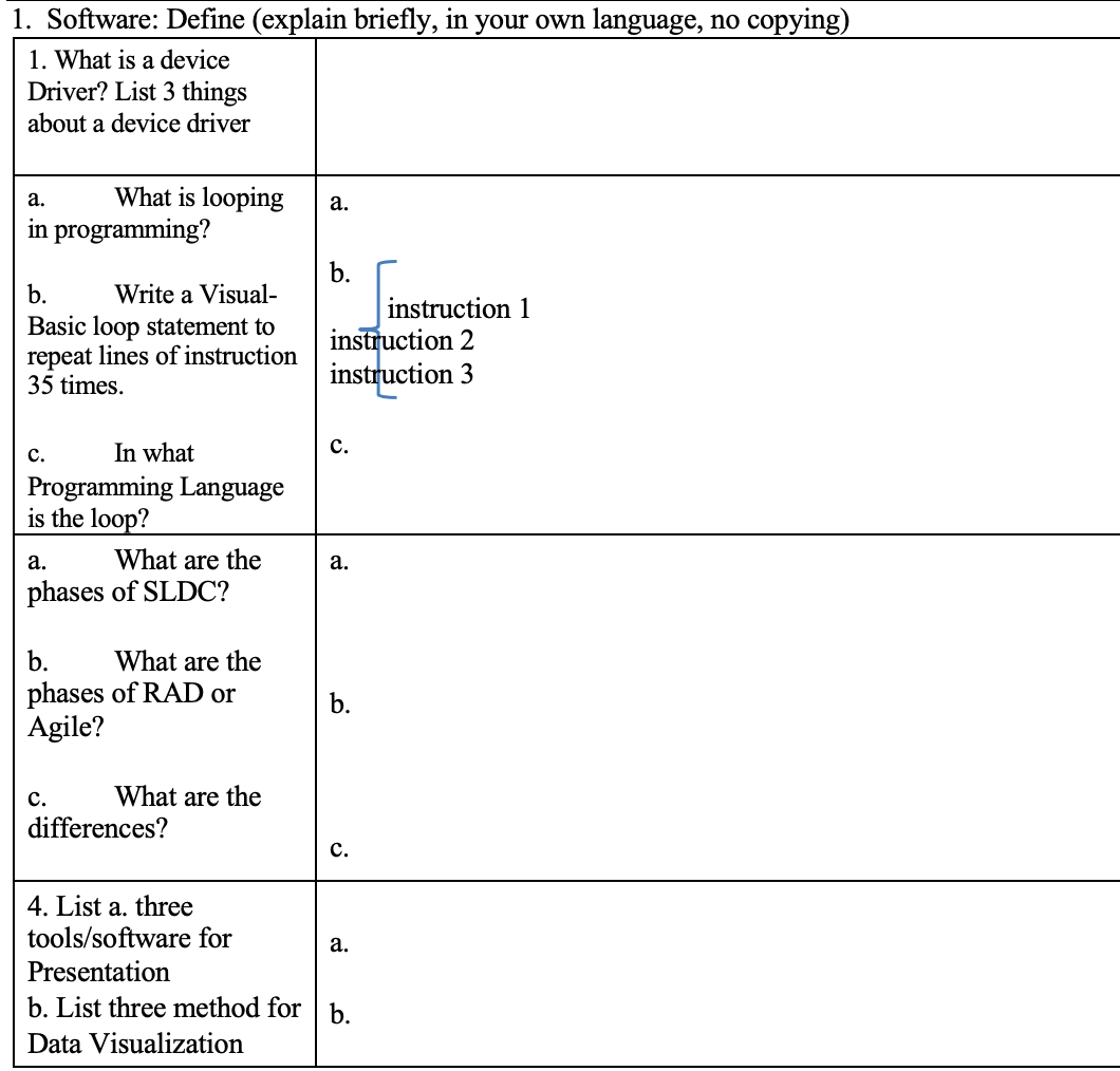 1. Software: Define (explain briefly, in your own