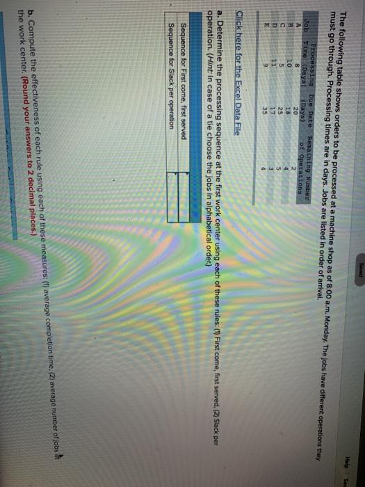 Help The following table shows orders to be