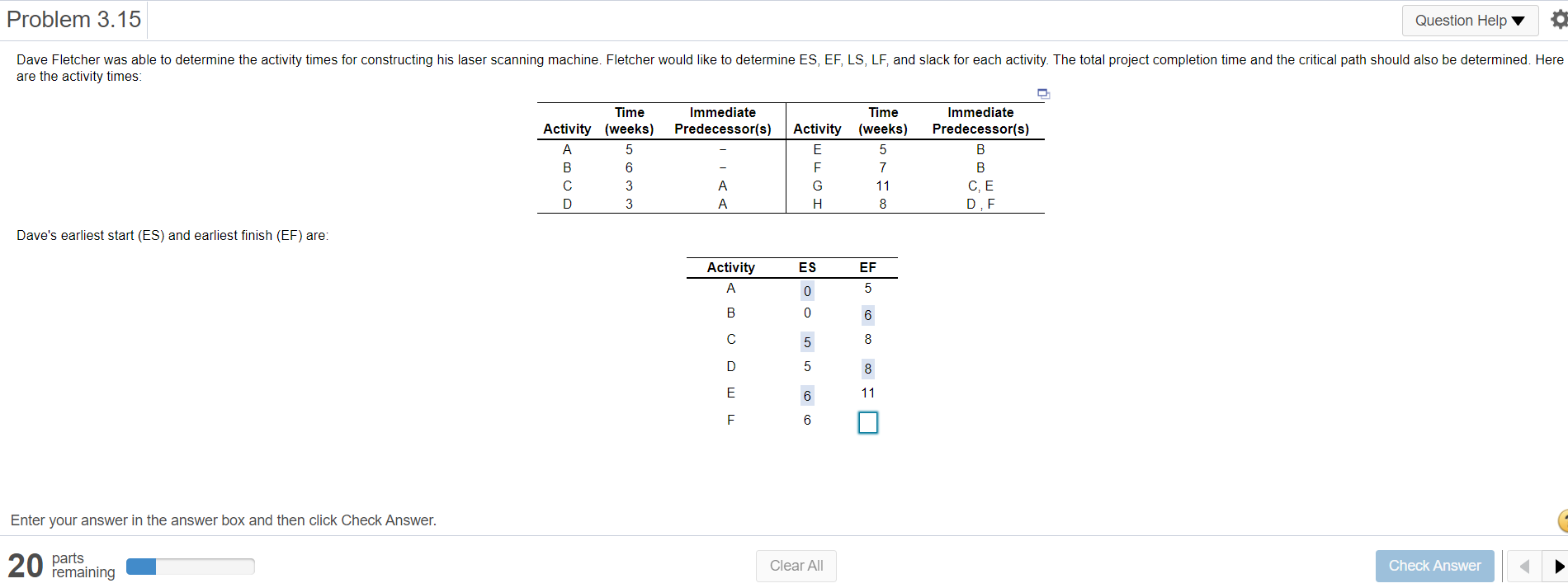 Problem 3.15 Question Help Dave Fletcher was able