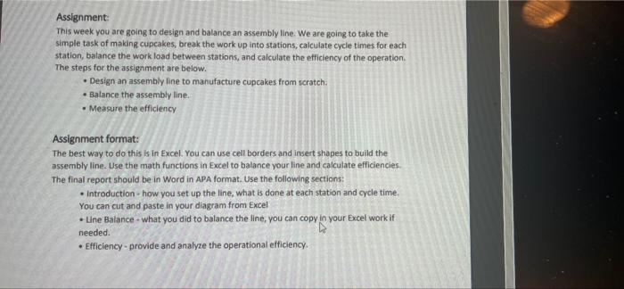 Assembly line: Assignment This week you are going