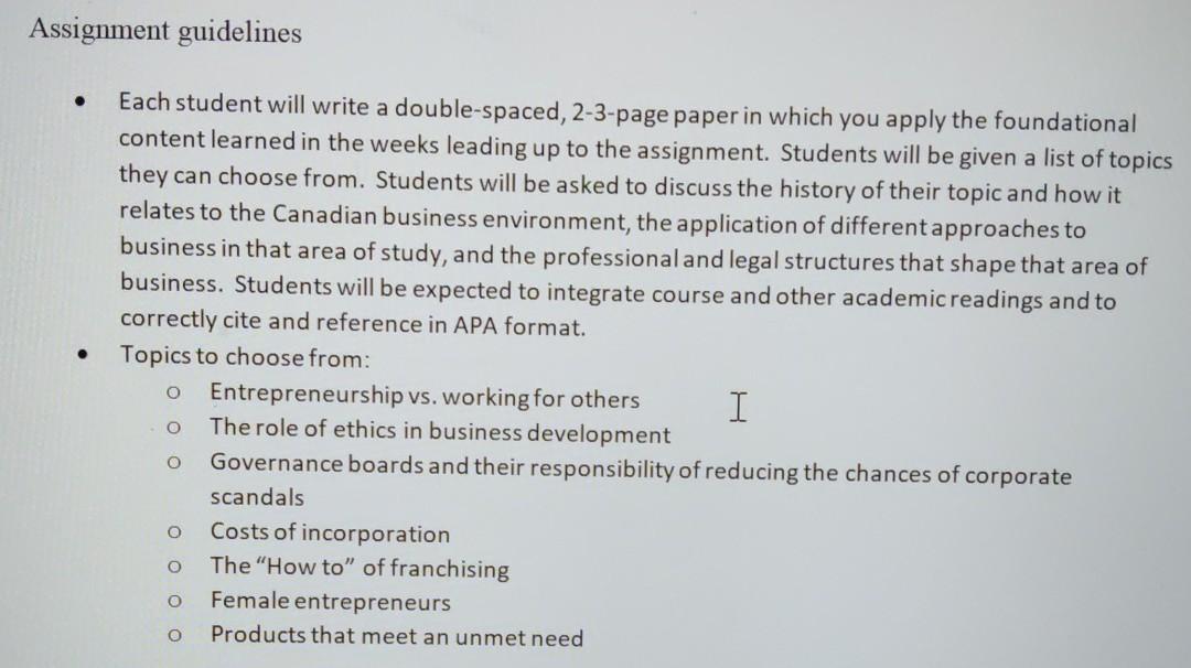 Assignment guidelines . Each student will write a