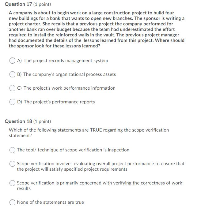 Question 17 (1 point) A company is about to begin