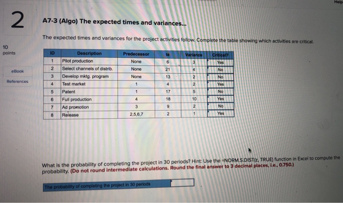 Help 2 A7-3 (Algo) The expected times and