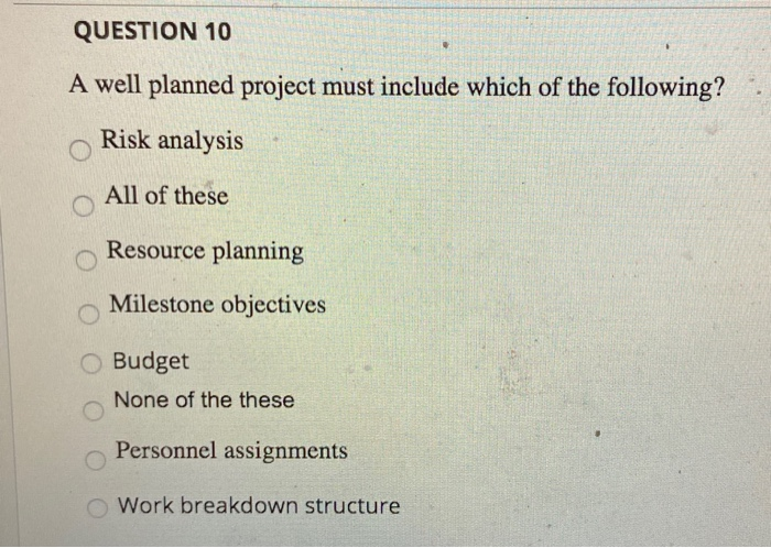 QUESTION 10 A well planned project must include