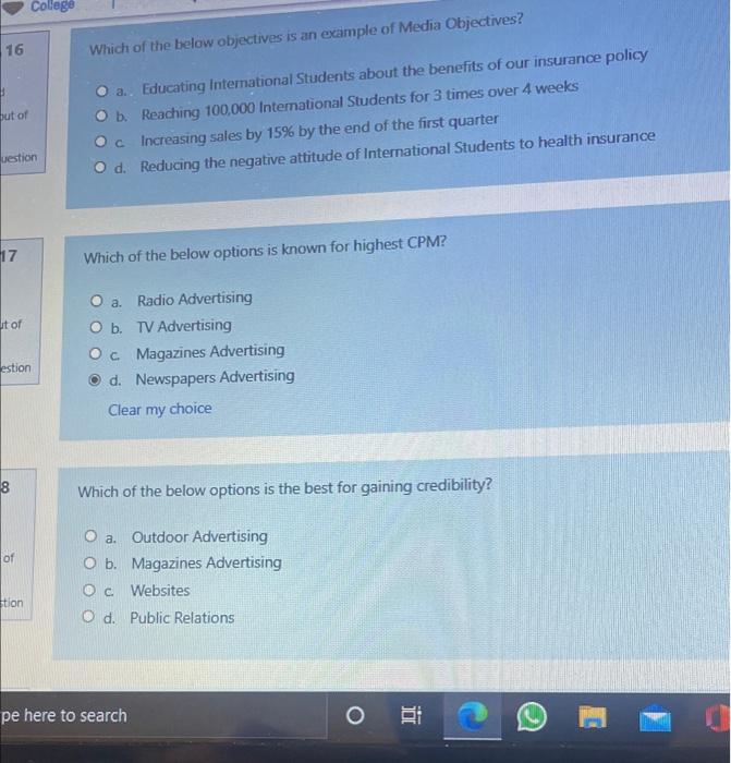 College 16 Which of the below objectives is an