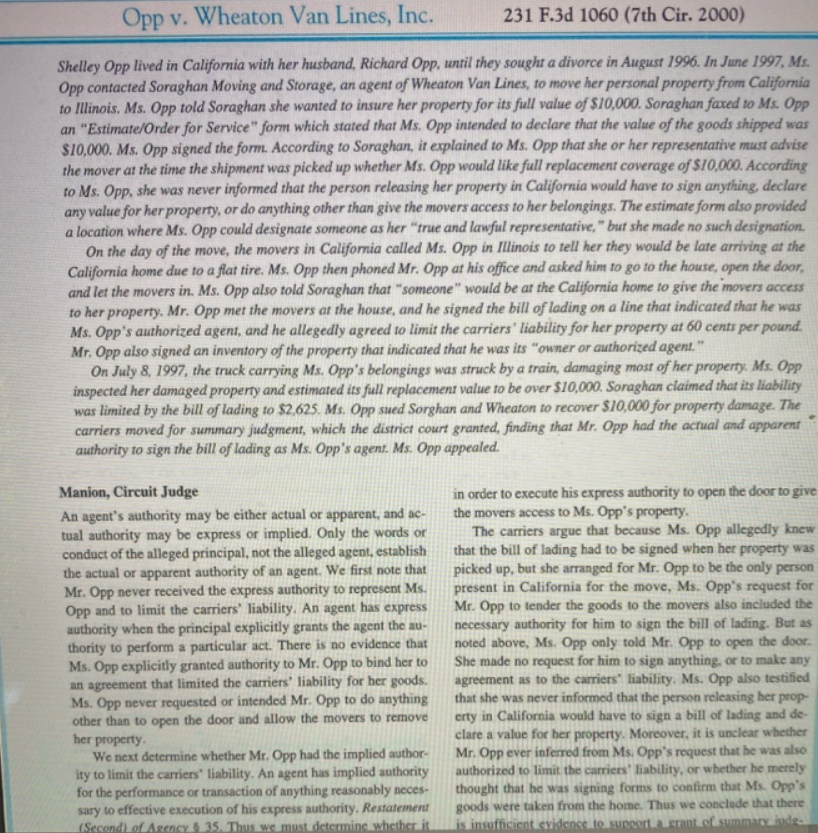 Read Opp v. Wheaton Van Lines. What could Wheaton