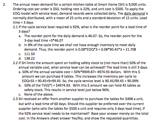 2. The annual mean demand for a certain