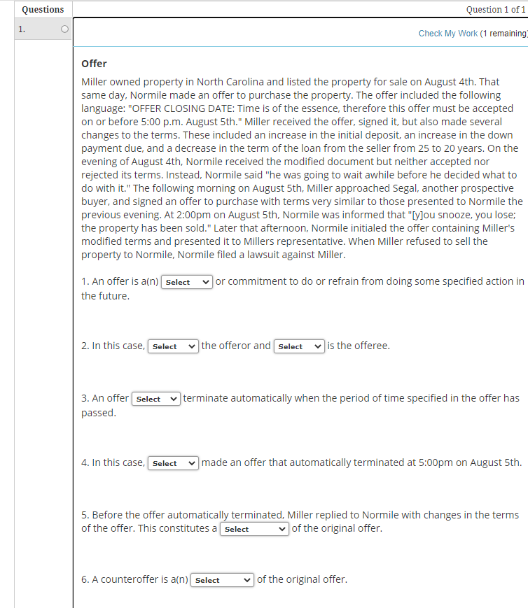 Questions Question 1 of 1 1. Check My Work (1