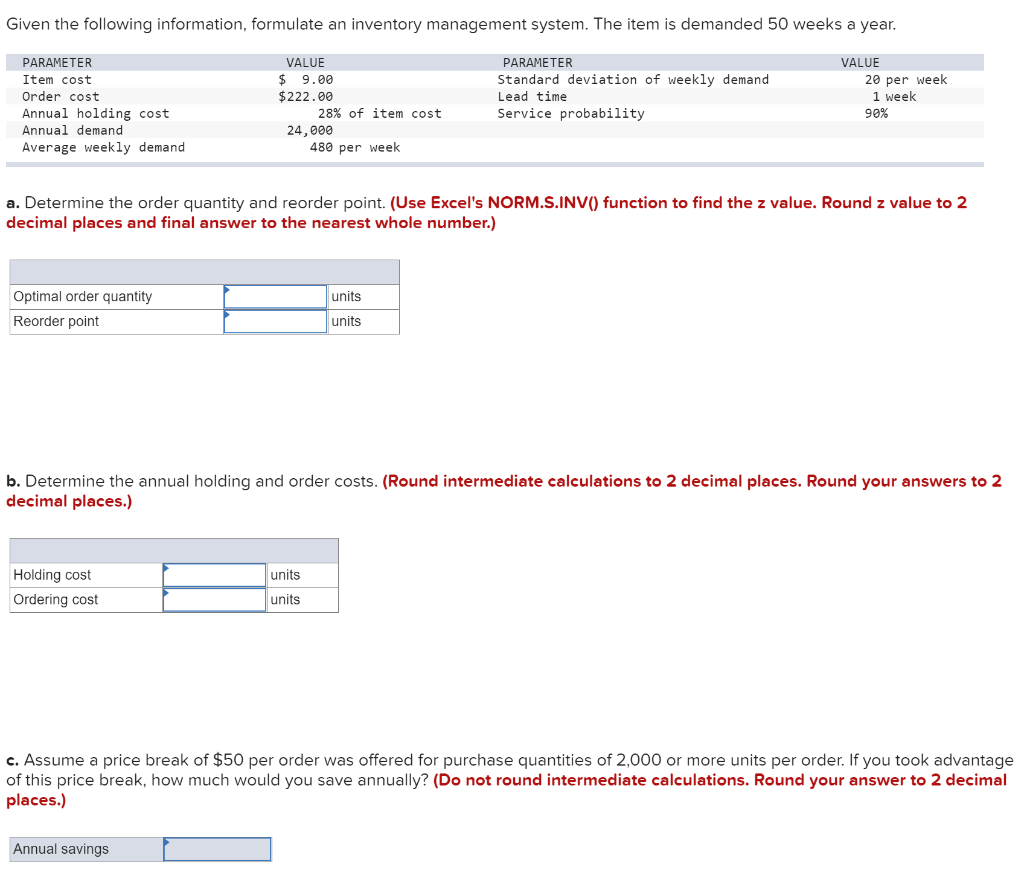 Given the following information, formulate an