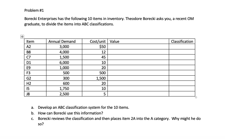 Problem #1 Borecki Enterprises has the following