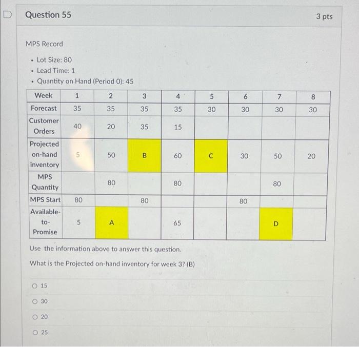 Question 55 3 pts MPS Record . Lot Size: 80 Lead