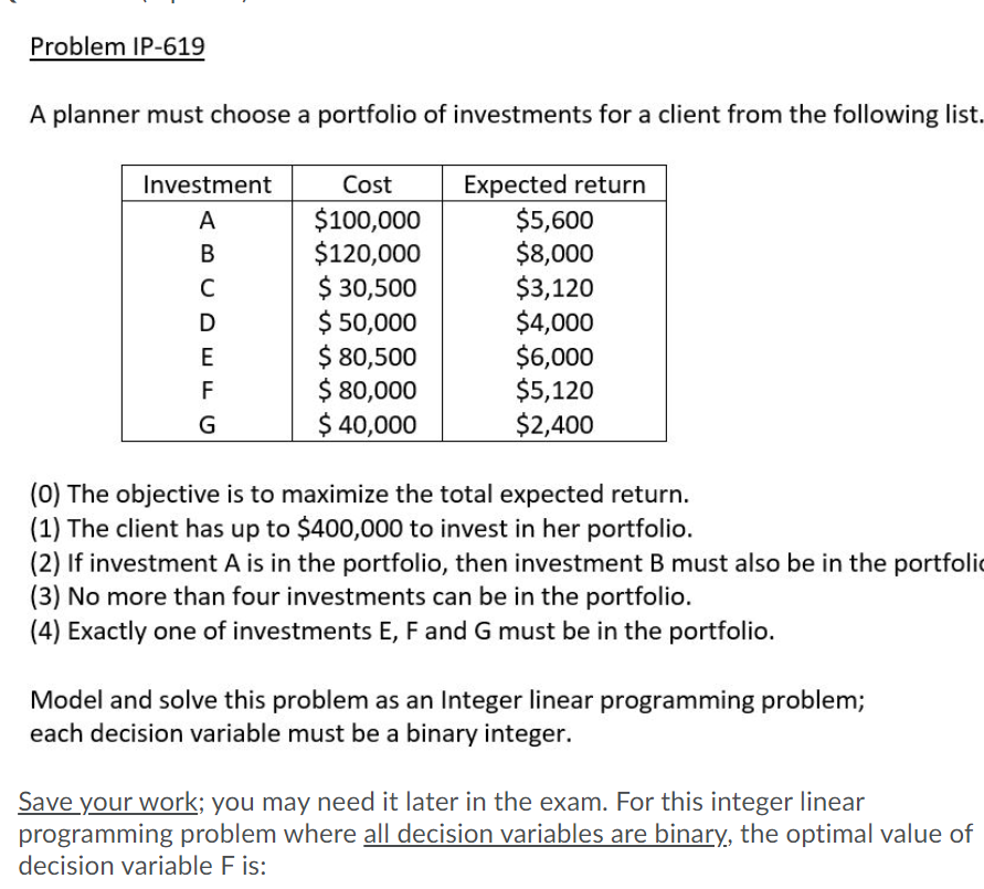 Problem IP-619 A planner must choose a portfolio